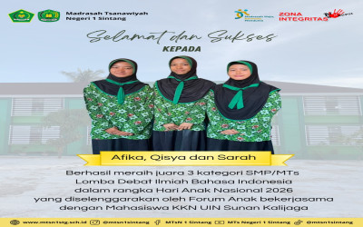 MTsN 1 Sintang Raih Juara III Lomba Debat Ilmiah Bahasa Indonesia 2026